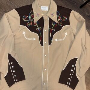 VTG 50s H Bar C Floral Embroidered Gabardine Western Shirt Tan Fits Size 15.5